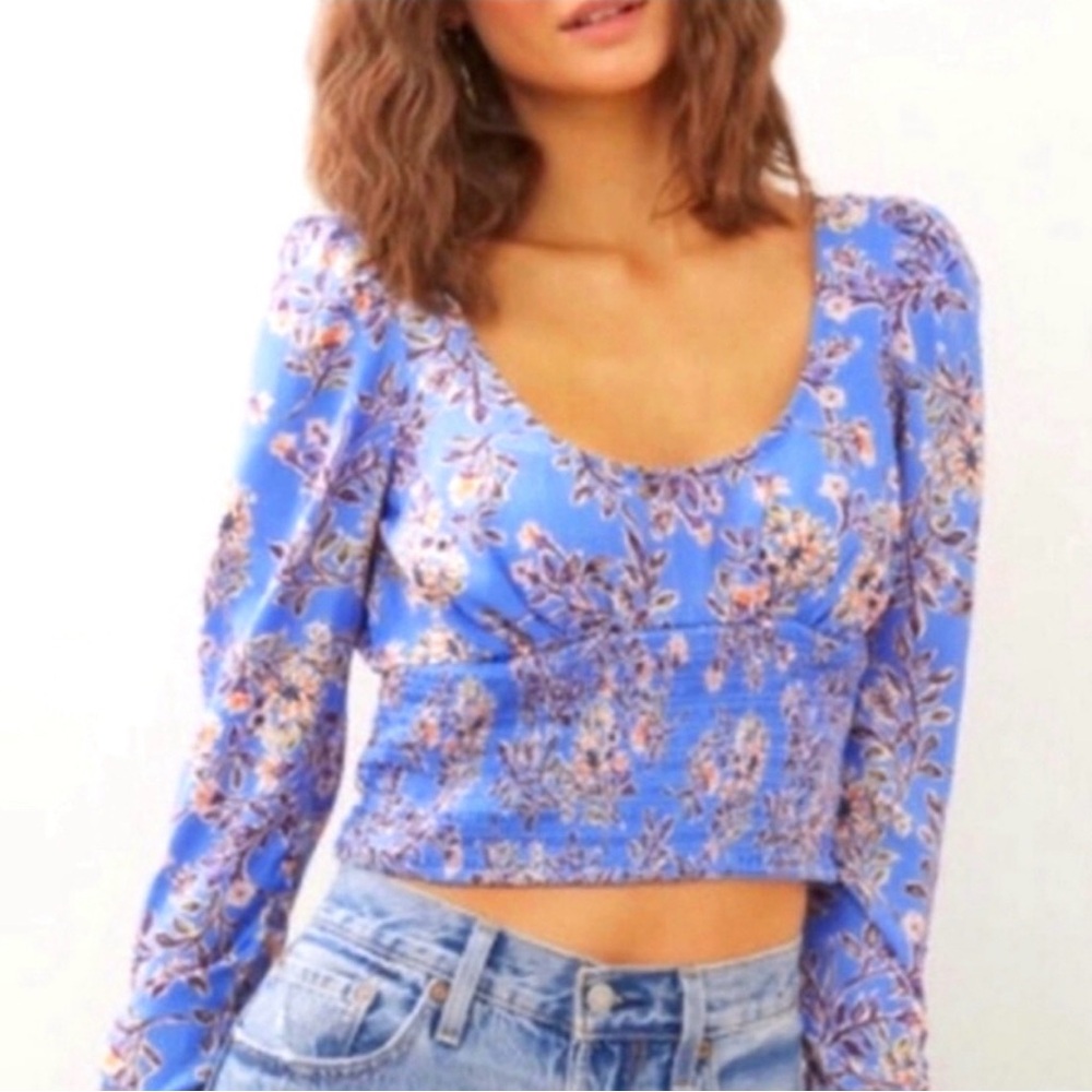 Free People Santiago Blue Floral Satin Smocked Babydoll Milkmaid Top Small Boho